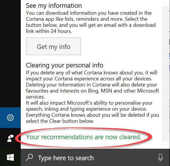 Ce știe Cortana din Windows 10 eliminare date