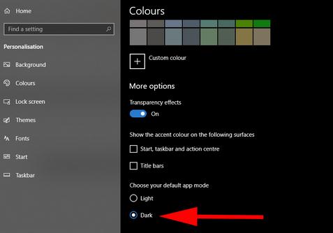 Activare Dark Mode (Modul Întunecat) în Windows 10 setare custom colour