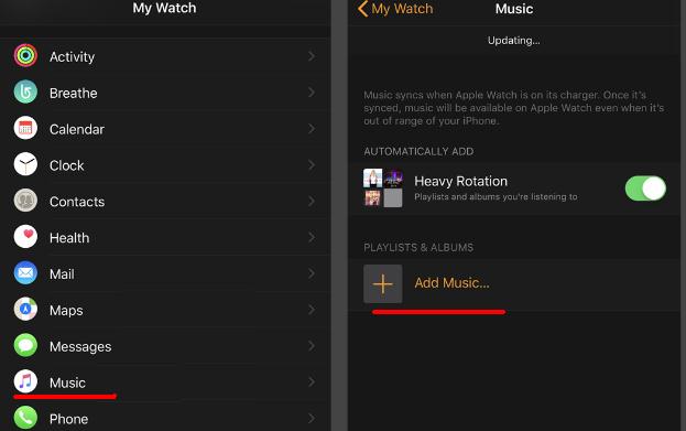 aplicatia din iPhone pentru muzică pe ceas Apple Watch
