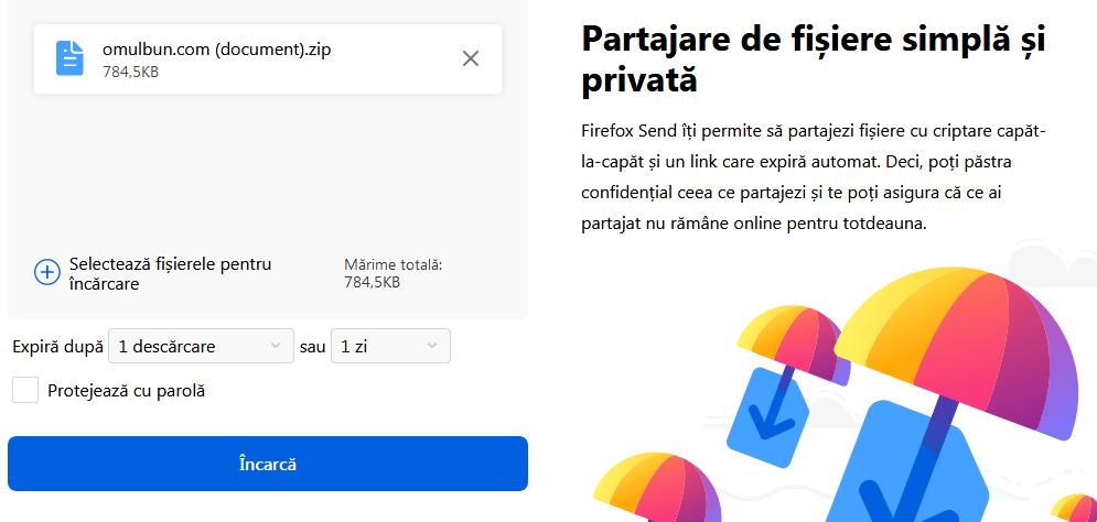 Transfer fișiere mari Firefox Send