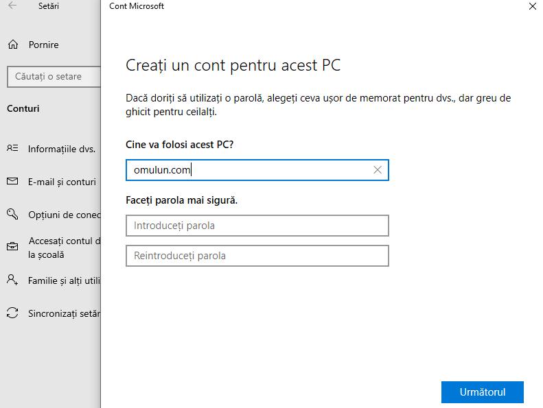 creare cont local în Windows 10
