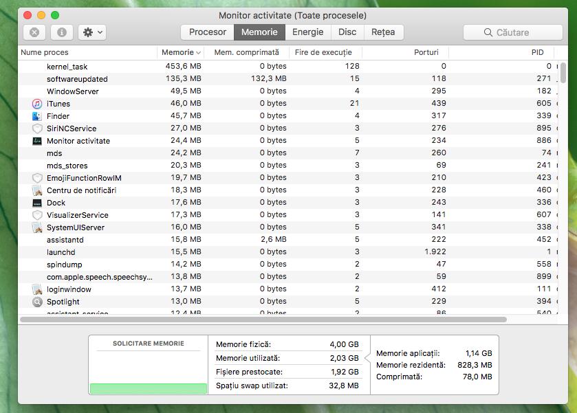 Monitor activitate memoria din mac