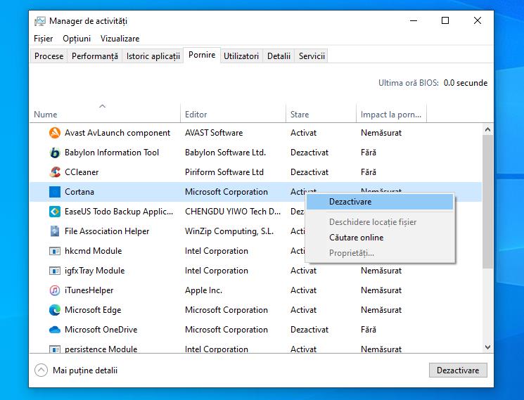 Programele de pornire în Windows 10