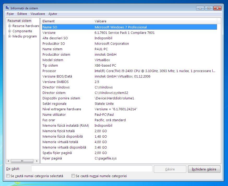 Informații de sistem Windows 7