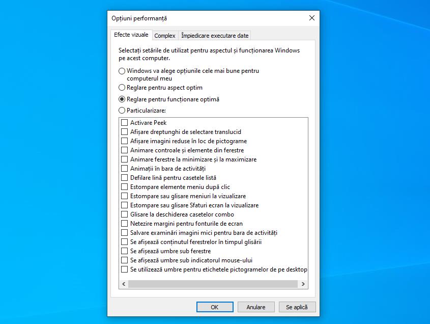 Setări performanță Windows 10